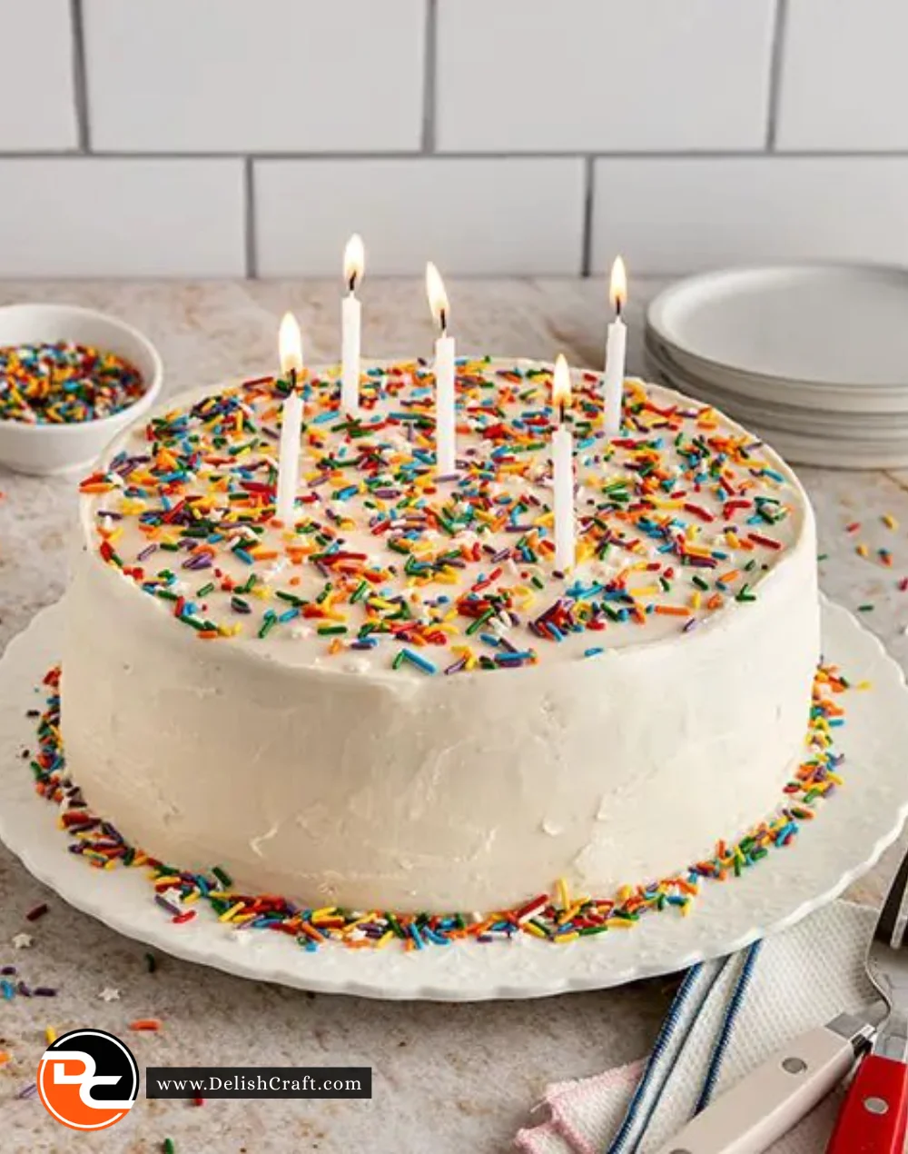 A beautifully decorated simple birthday cake on a table with colorful sprinkles.