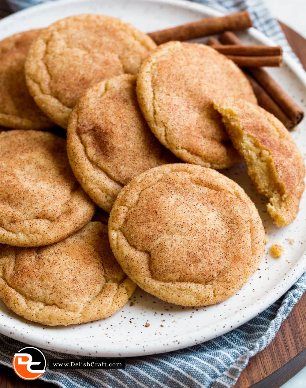 Freshly baked snickerdoodle cookies with cinnamon sugar topping.