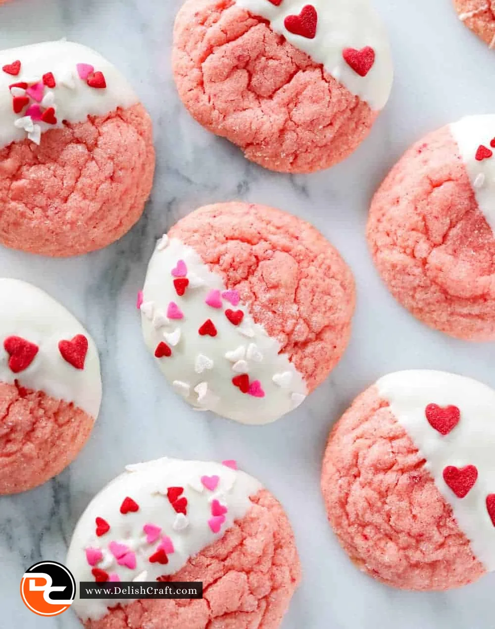 Delicious strawberry cake mix cookies on a plate with fresh strawberries