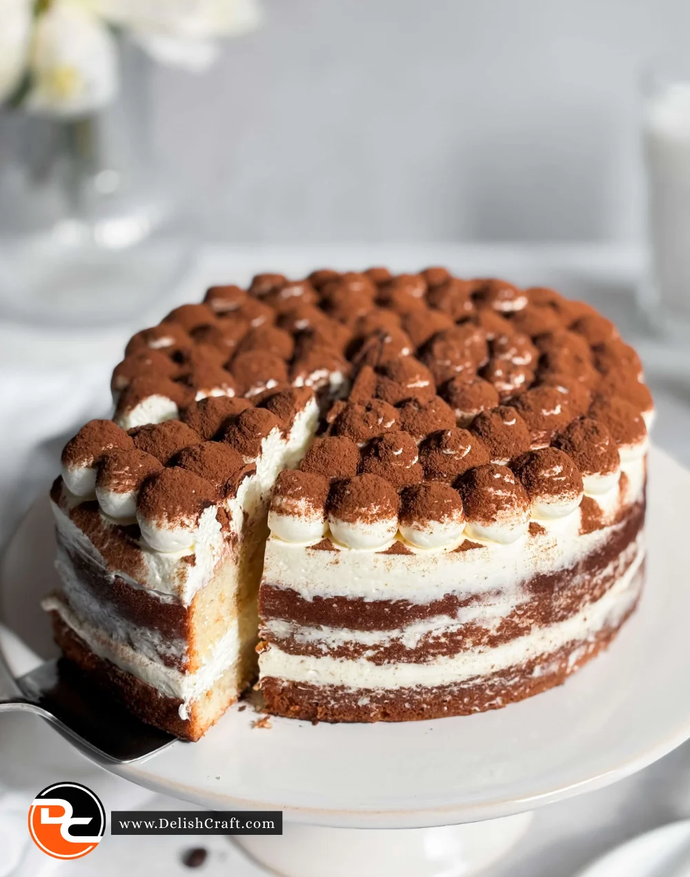 Delicious tiramisu cake layered with coffee-soaked sponge and mascarpone cream.