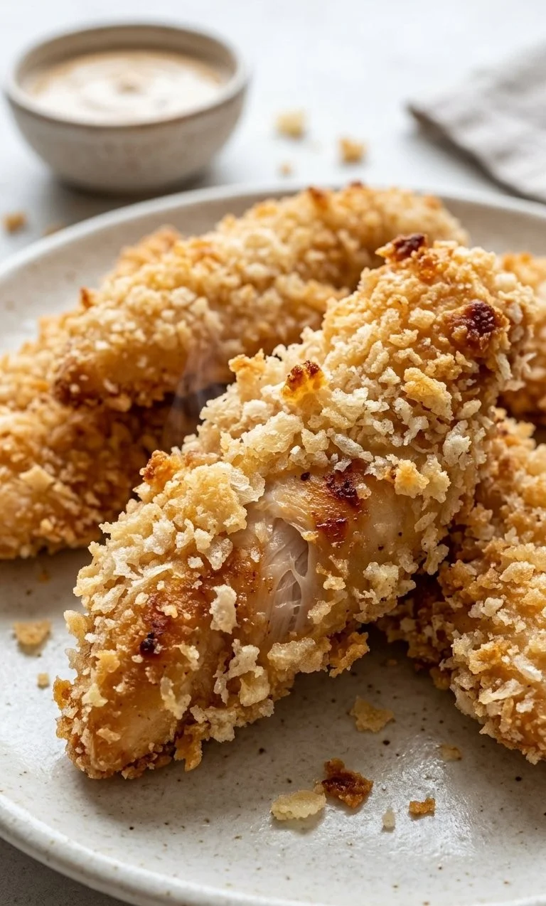 Air fryer crispy chicken tenders served on a plate with dipping sauce