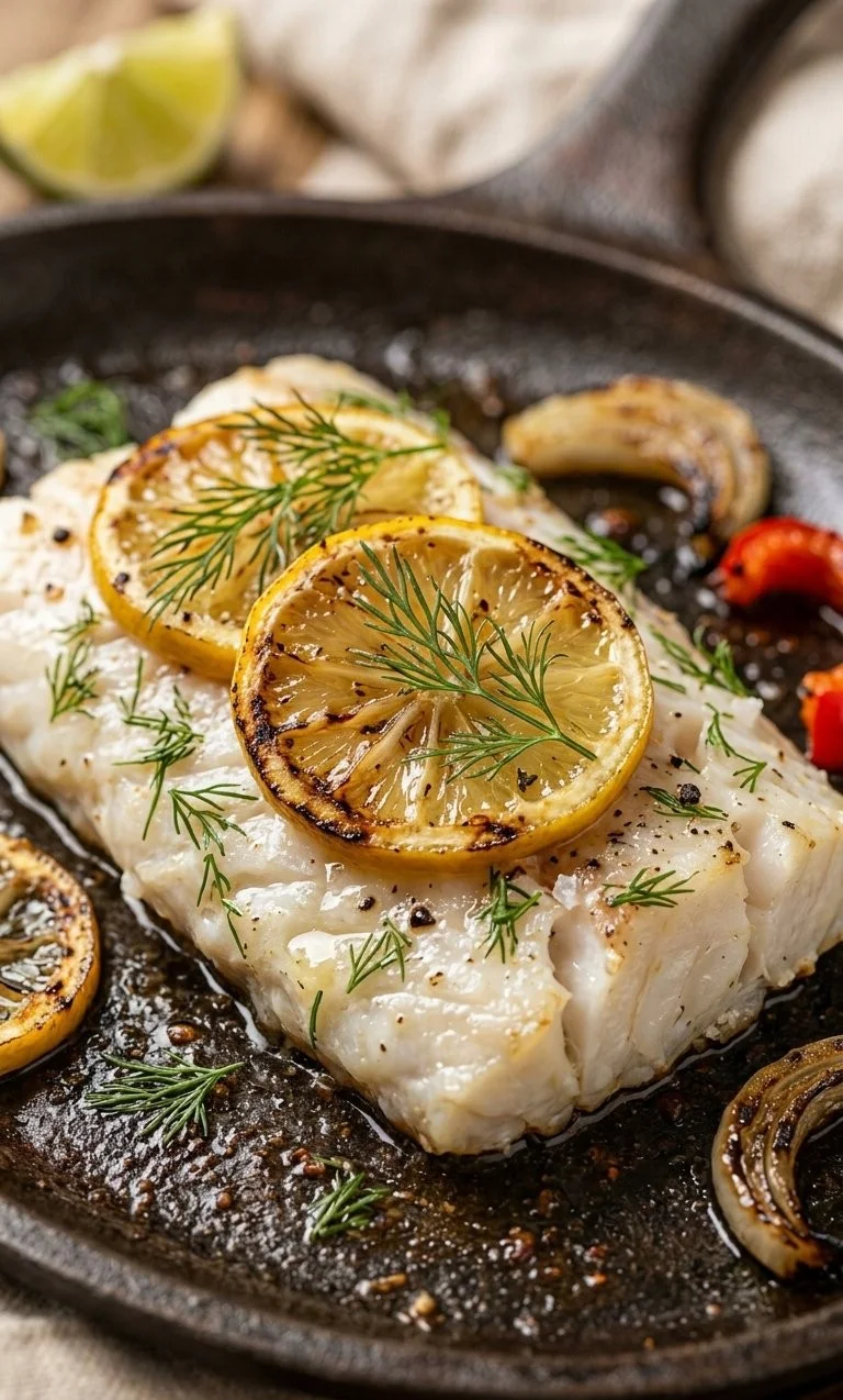 Baked cod seasoned with lemon and dill, served on a plate