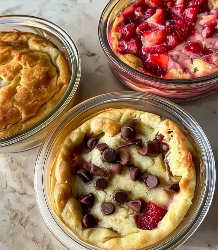 Baked protein pancake bowls topped with fresh fruits and nuts