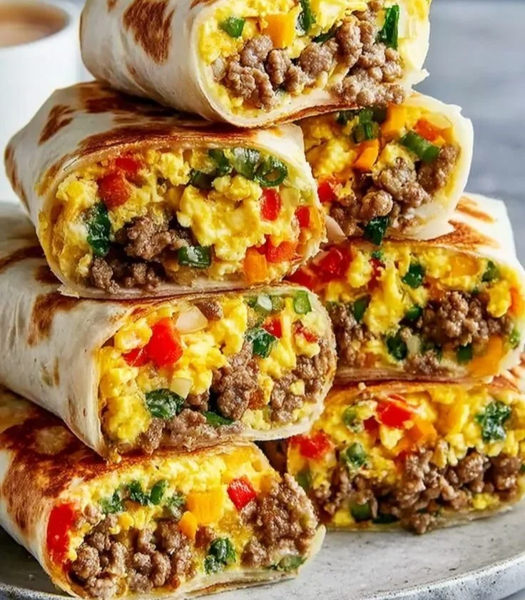 Delicious breakfast burritos filled with eggs, cheese, and veggies.