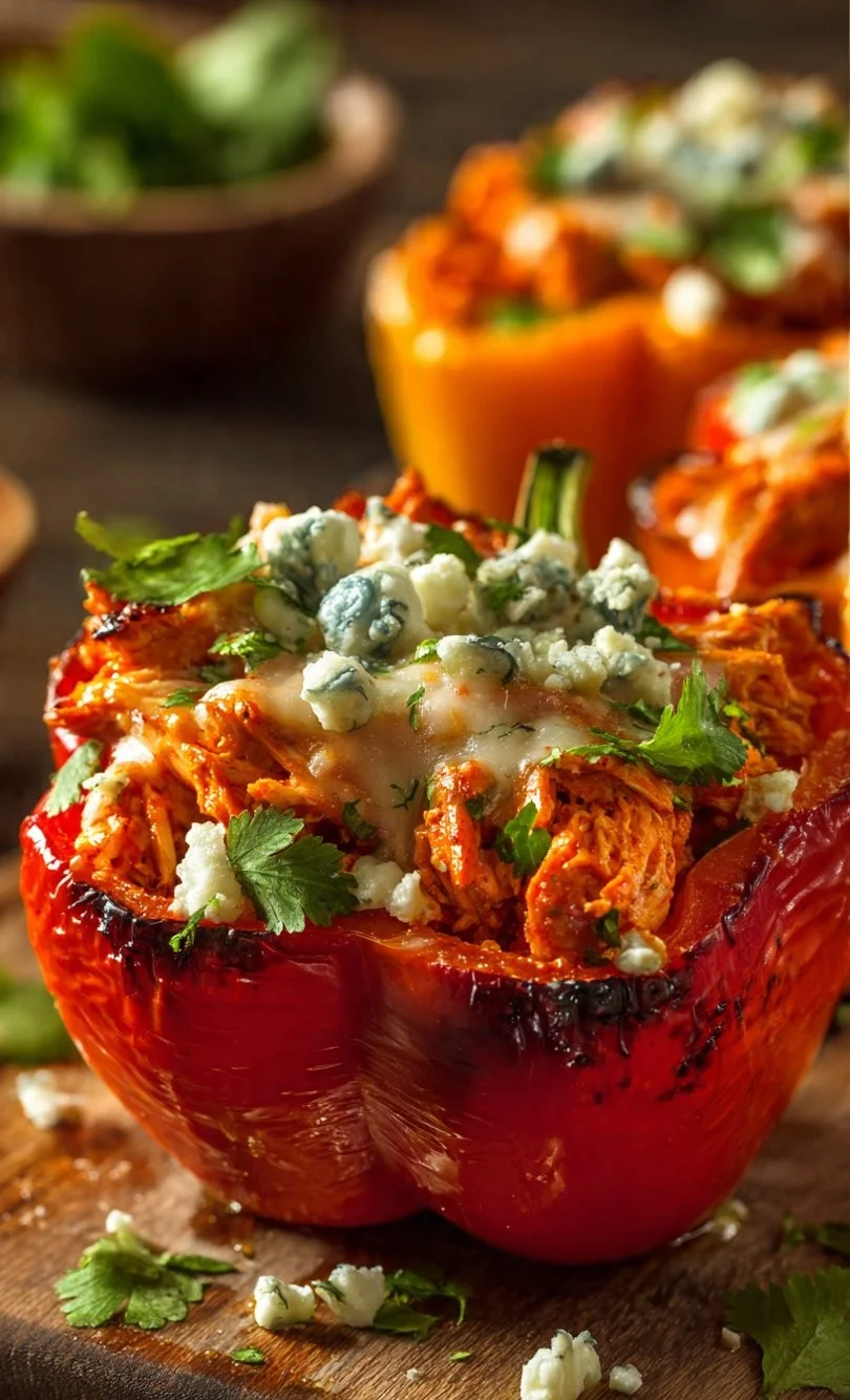 Buffalo Chicken Stuffed Peppers topped with cheese and fresh herbs