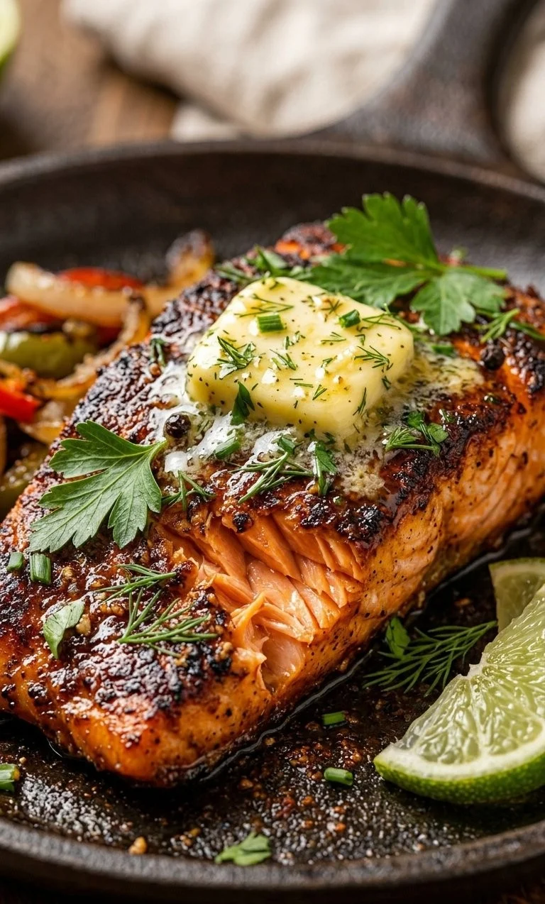 Cajun-Style Salmon with Butter served on a plate garnished with herbs