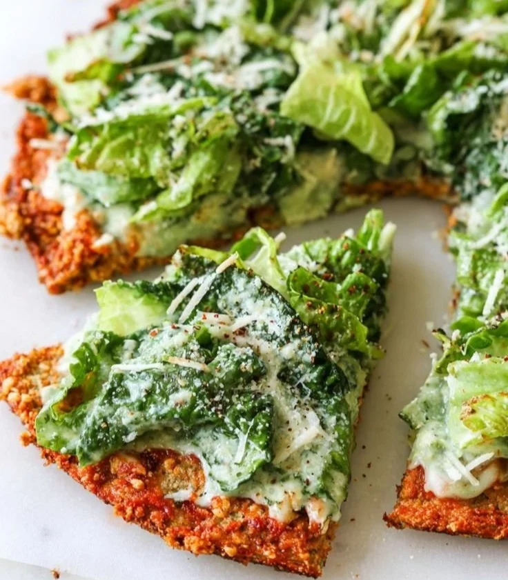 Delicious Chicken Caesar Salad Pizza topped with fresh ingredients