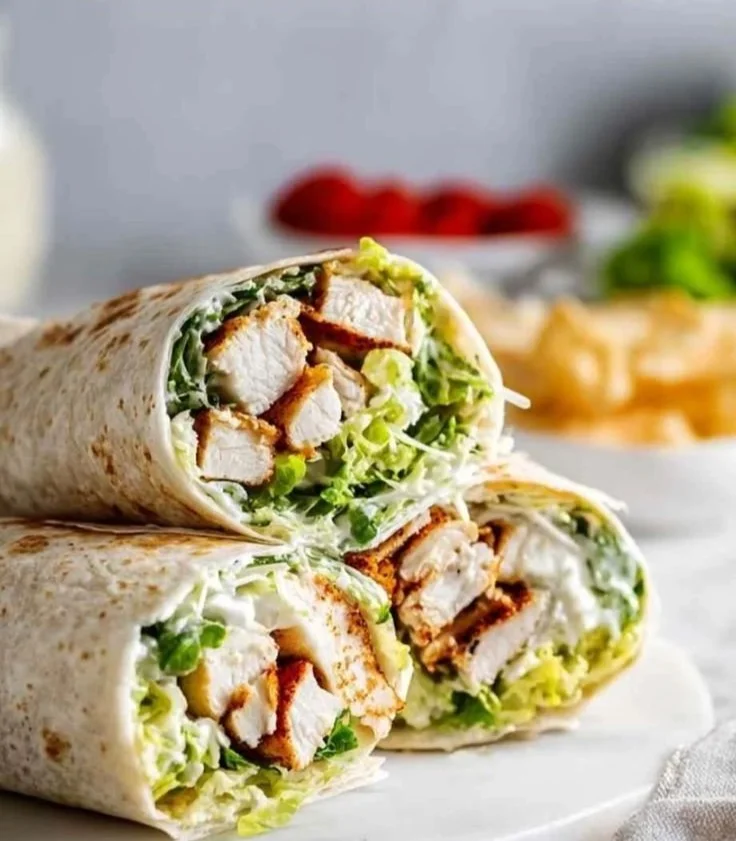 Delicious Chicken Caesar Wraps with fresh ingredients wrapped in a tortilla.