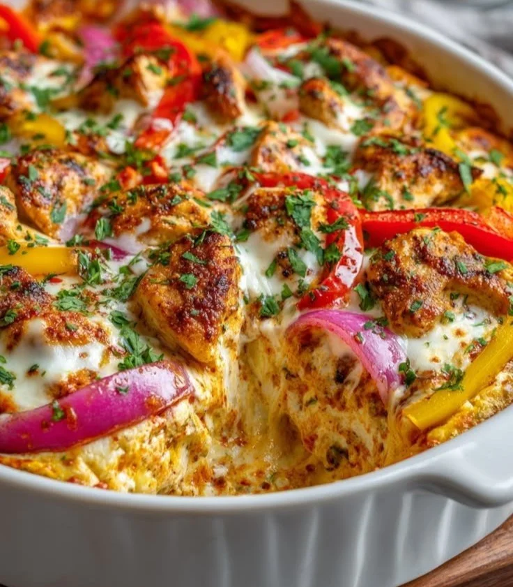 Delicious Chicken Fajita Bake with colorful peppers and onions