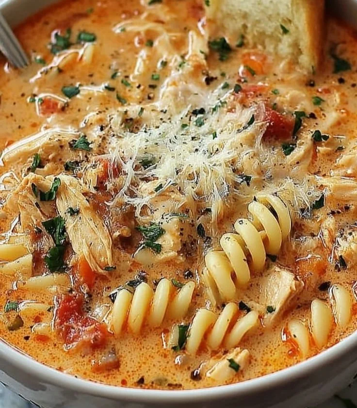 Bowl of Chicken Parmesan Soup topped with cheese and herbs