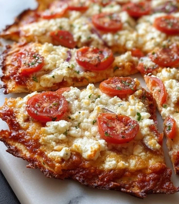 Cottage cheese flatbread pizza topped with fresh vegetables and herbs