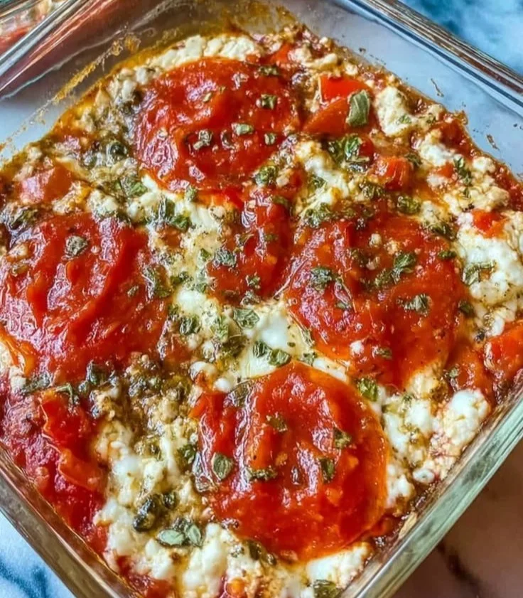 Cottage Cheese Pizza Bowl topped with fresh vegetables and herbs