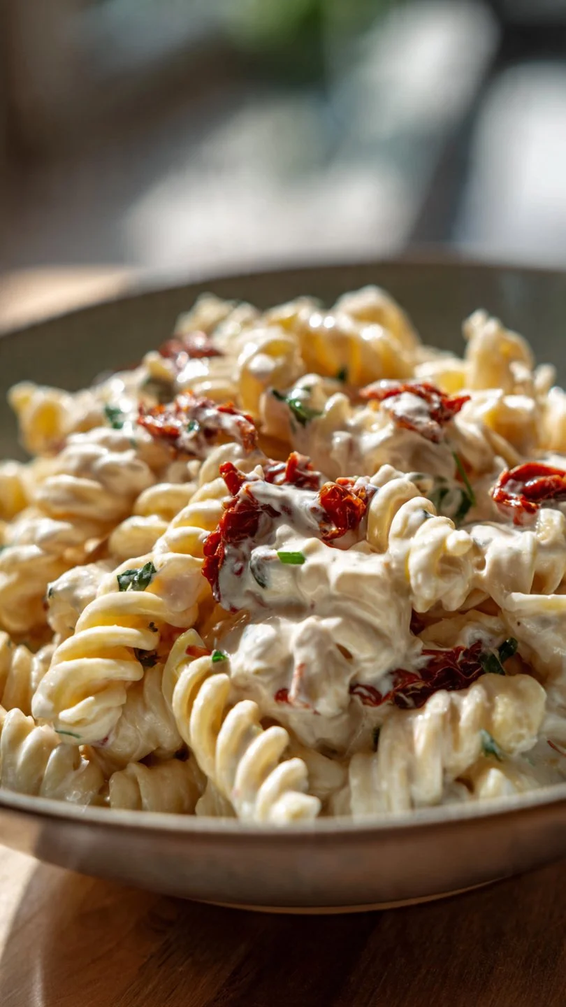 Creamy cottage cheese pasta salad with fresh vegetables and herbs