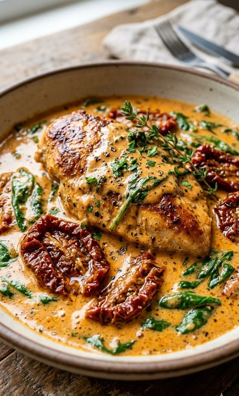 Creamy sun-dried tomato chicken dish on a plate garnished with herbs