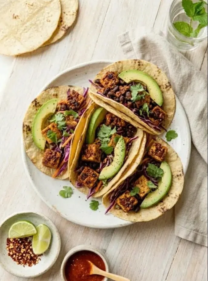 Crispy high-protein tofu tacos topped with fresh ingredients and herbs