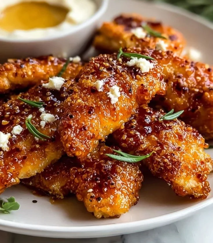 Crispy Hot Honey Feta Chicken garnished with herbs and served on a plate