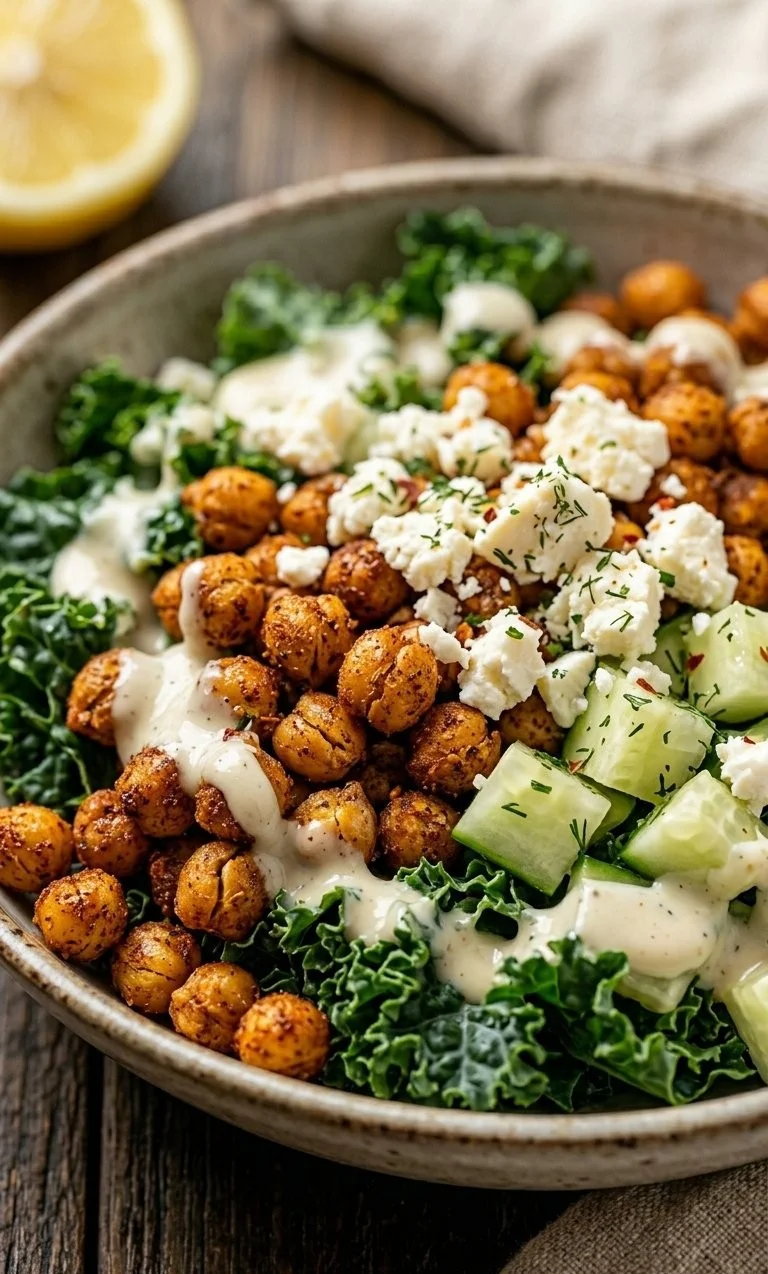 Crispy roasted chickpea salad with fresh vegetables and dressing