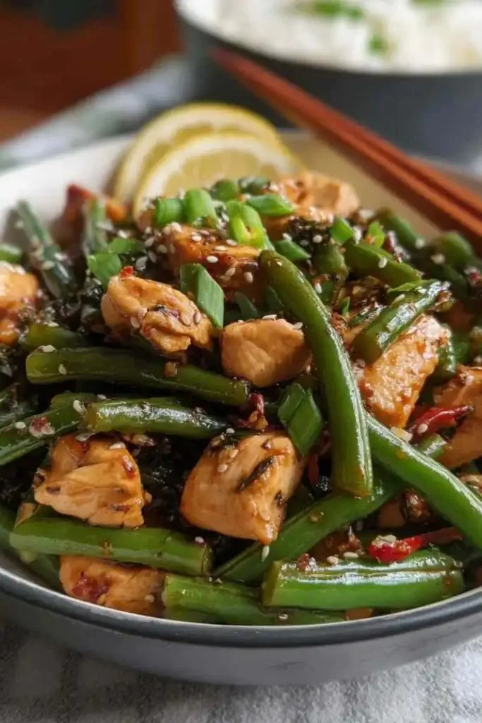 Delicious green bean chicken stir-fry in a vibrant plate.