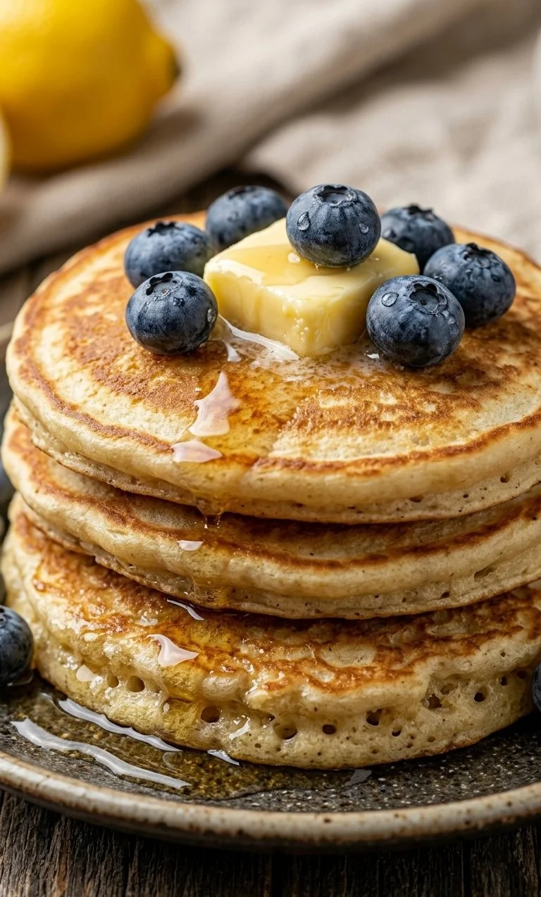 Delicious fluffy high-protein pancakes served on a plate with fresh fruit