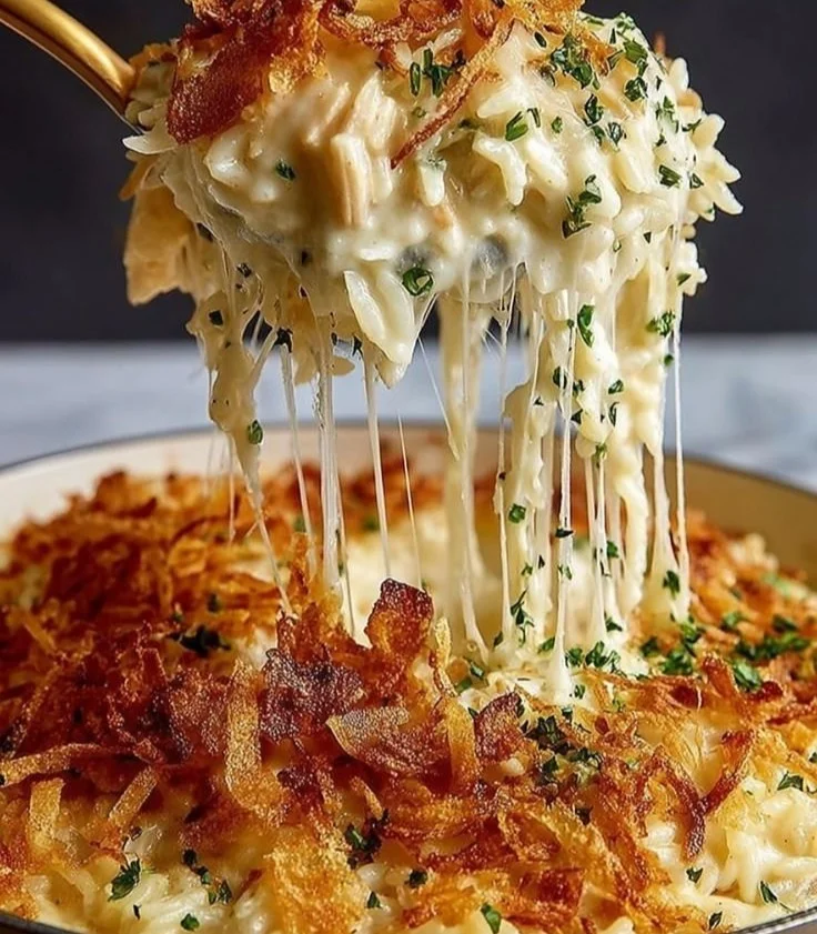 French Onion Chicken Rice Bake with melted cheese and herbs