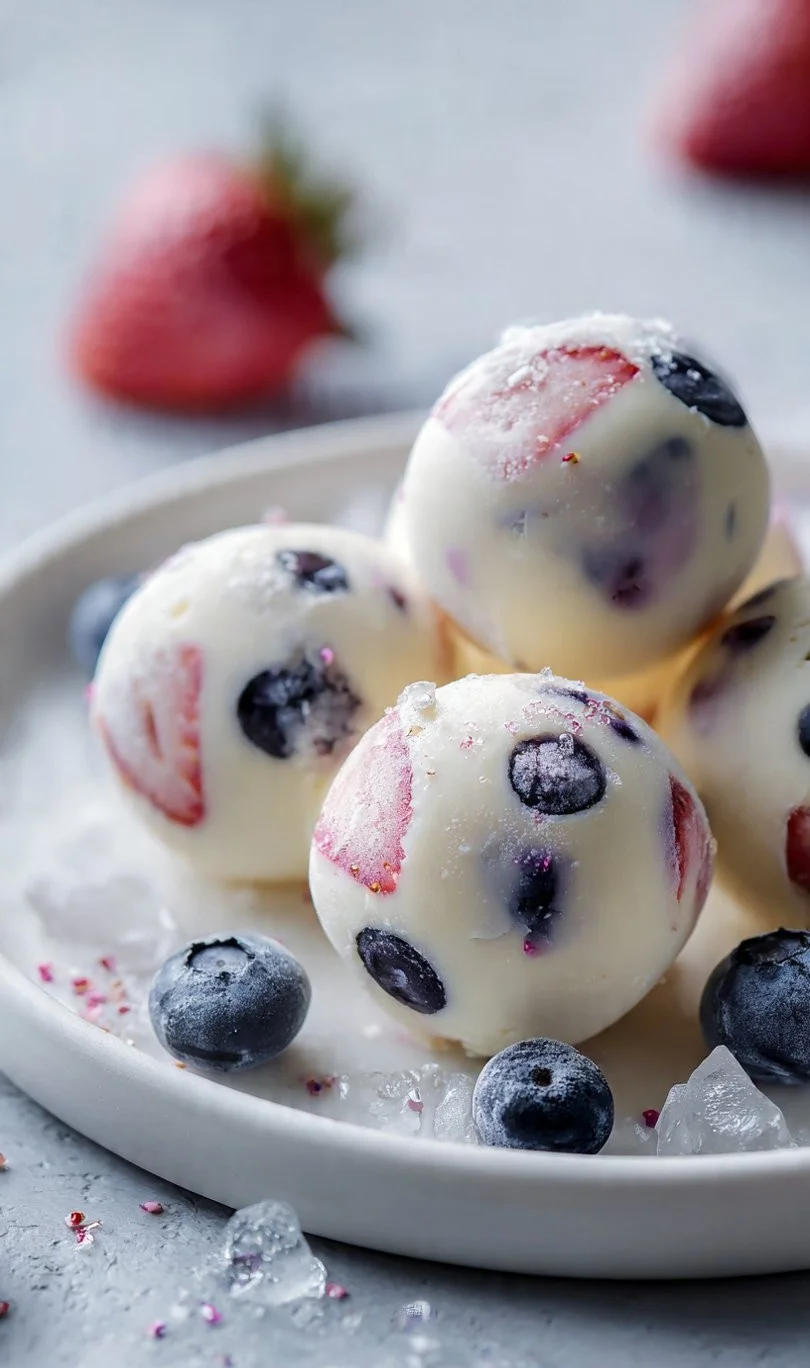 Frozen yogurt protein bites with berries on a wooden table