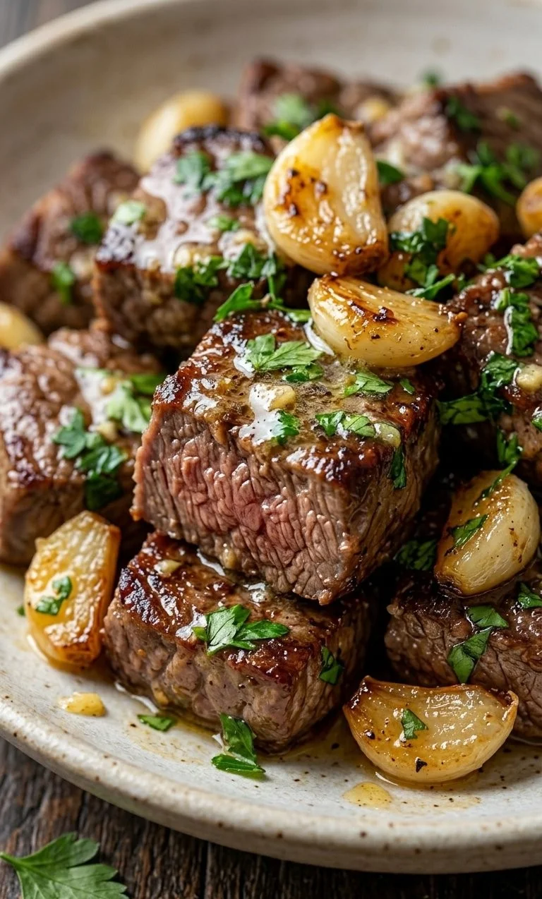 Garlic butter steak bites served on a plate with herbs and garlic.