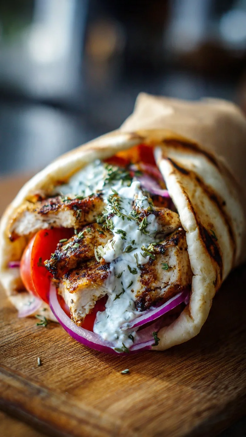 Greek chicken souvlaki wraps with fresh vegetables and sauce