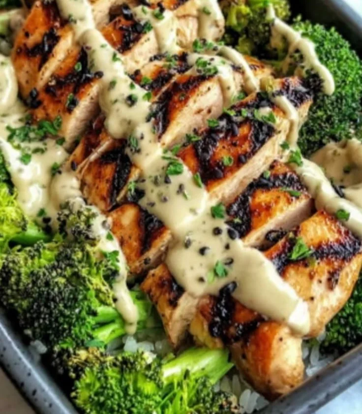 Healthy grilled chicken broccoli bowl with colorful vegetables and sauce