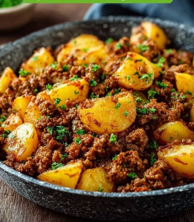 Ground Beef and Potatoes one-pan dinner served in a skillet