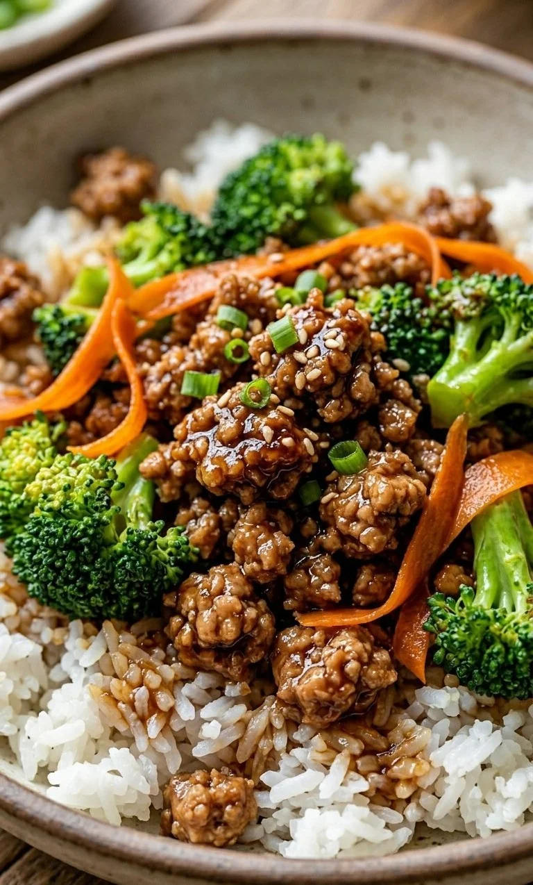 Ground Turkey Teriyaki Bowls with colorful vegetables and rice
