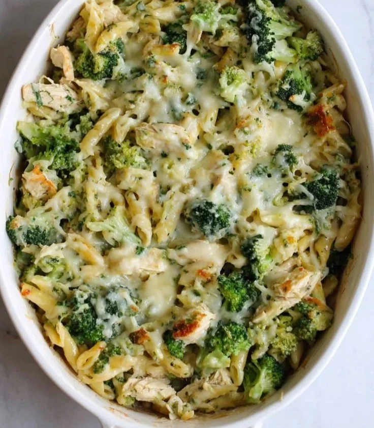 High Protein Alfredo Bake with creamy sauce and pasta topped with cheese