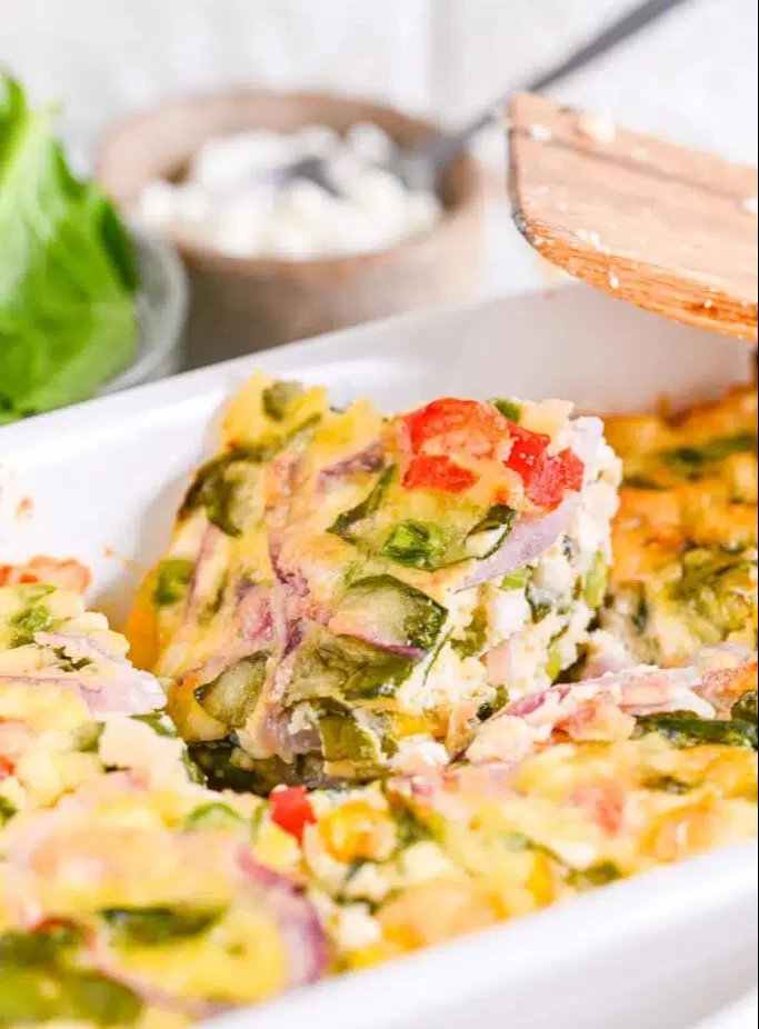 Healthy high protein breakfast casserole with vegetables and eggs
