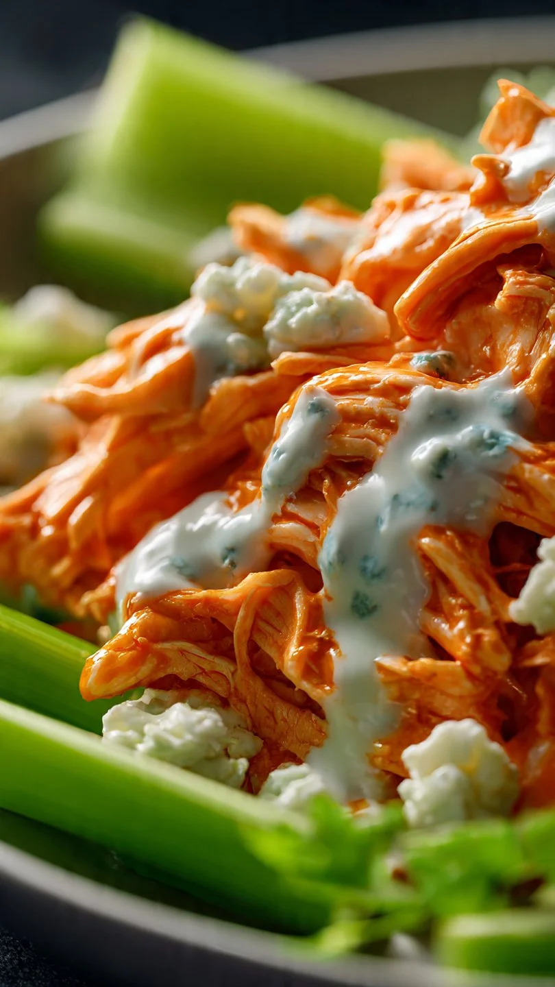 High-protein buffalo chicken salad topped with fresh vegetables