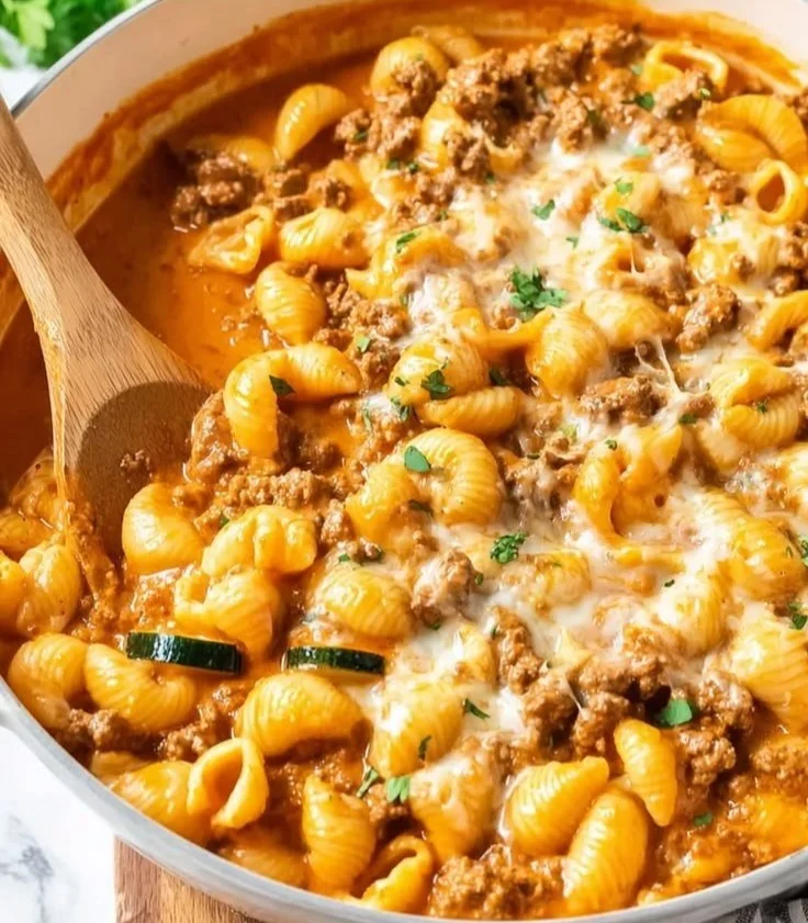 High protein Hamburger Helper dish ready to serve