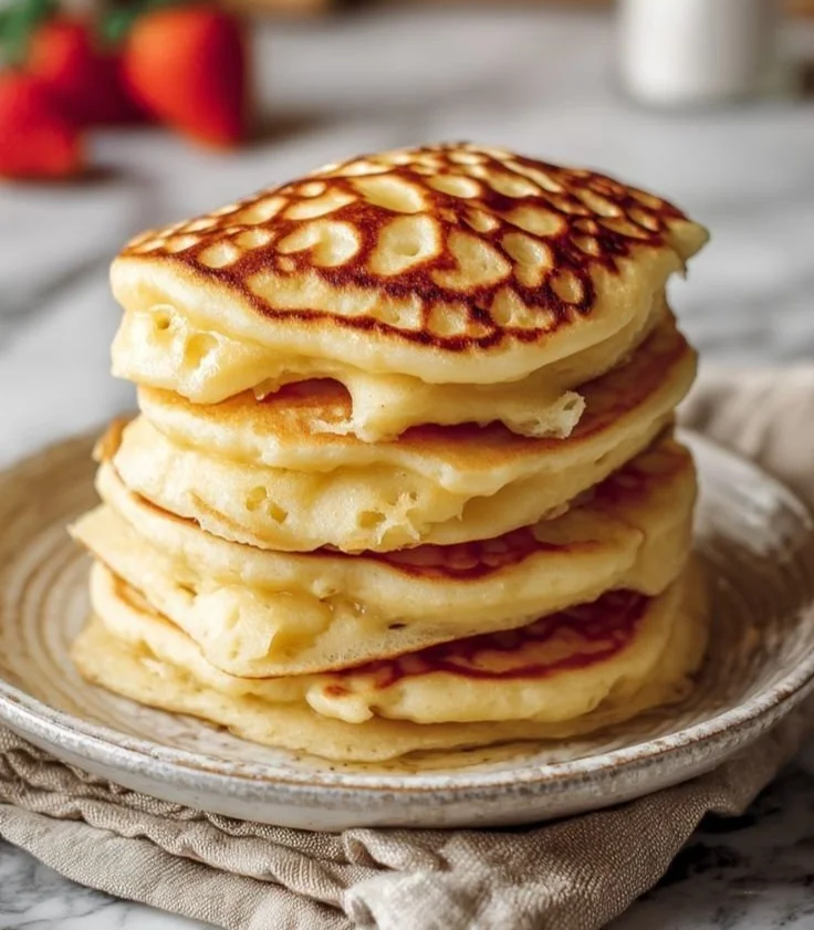 Delicious fluffy high-protein pancakes stacked on a plate with syrup.
