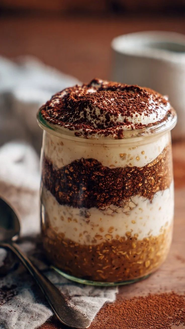High-protein tiramisu overnight oats served in a glass with cocoa on top