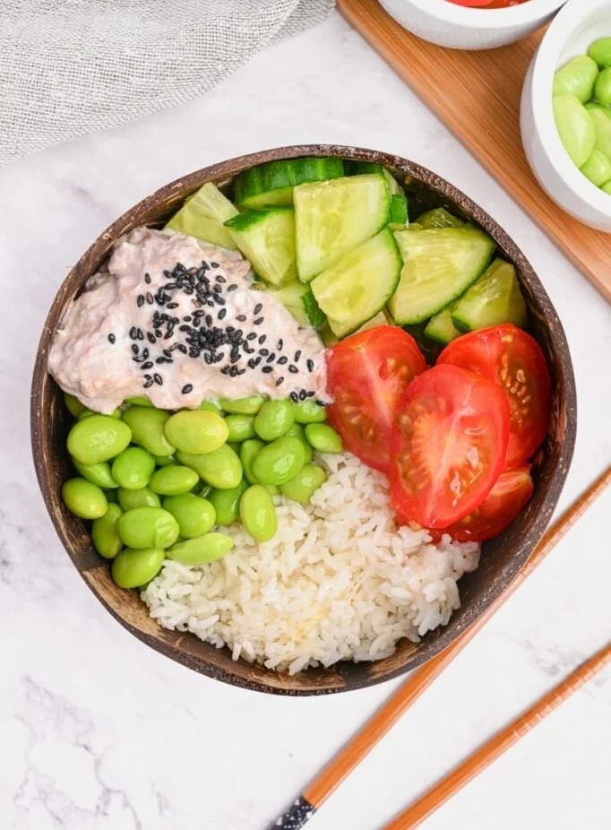 Delicious high protein tuna sushi bowl with fresh ingredients.