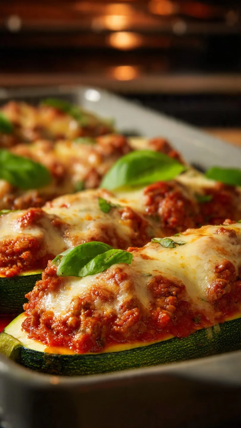 High-protein zucchini boats filled with ground turkey and topped with cheese