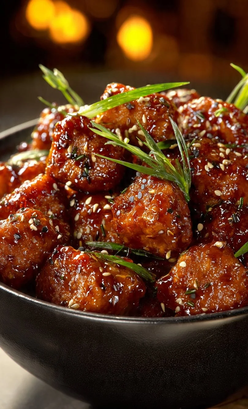 Delicious Honey Garlic Chicken Bites served on a plate with vegetables