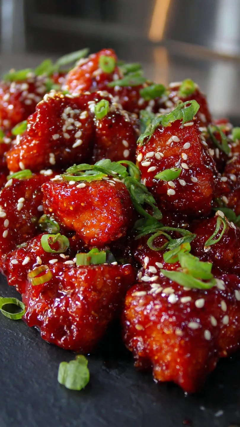 Honey Sriracha glazed chicken bites served with a garnish of sesame seeds.