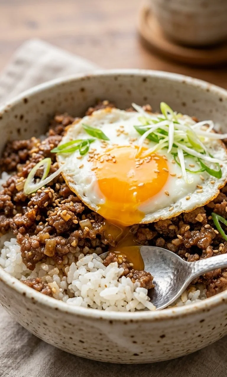 Korean-style beef and rice bowls garnished with vegetables and sesame seeds
