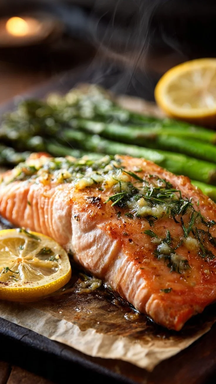 Lemon Garlic Butter Salmon with Asparagus on a plate