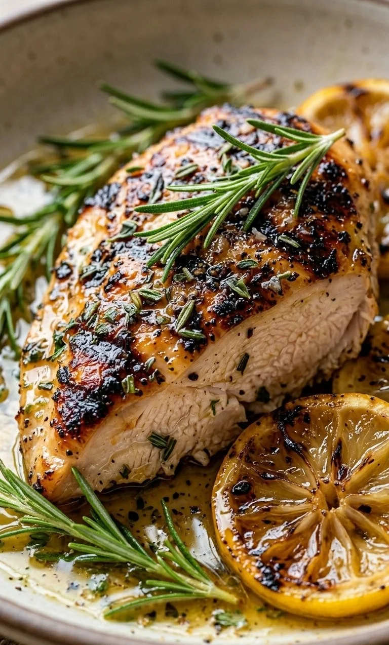 Lemon herb grilled chicken garnished with fresh herbs and lemon slices