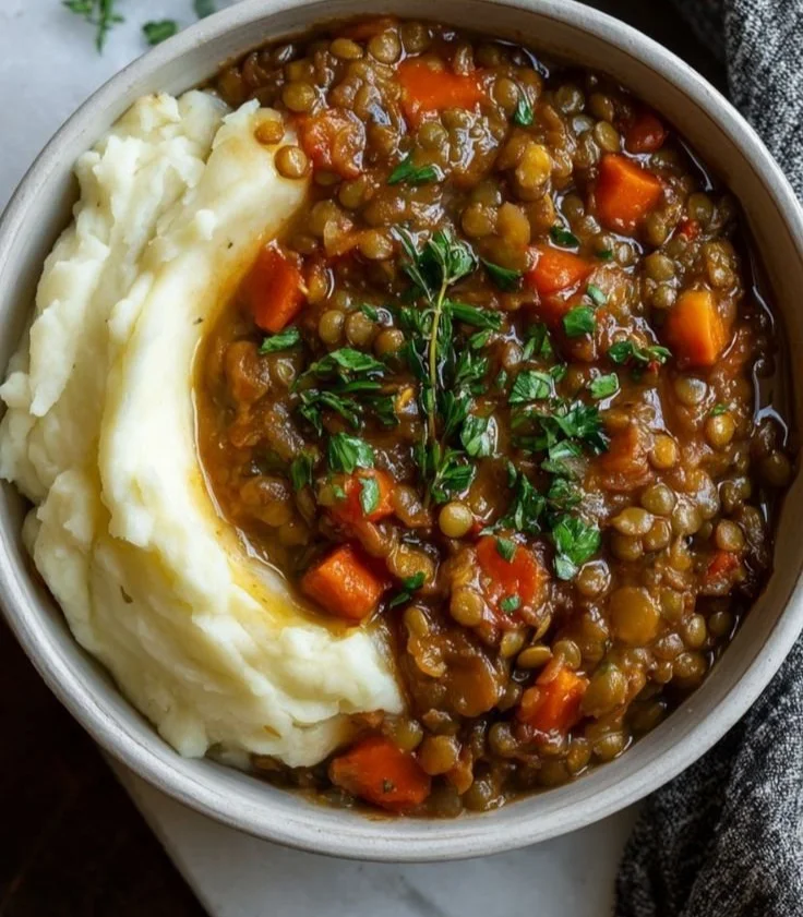 Delicious lentil stew with creamy mashed potatoes in a bowl