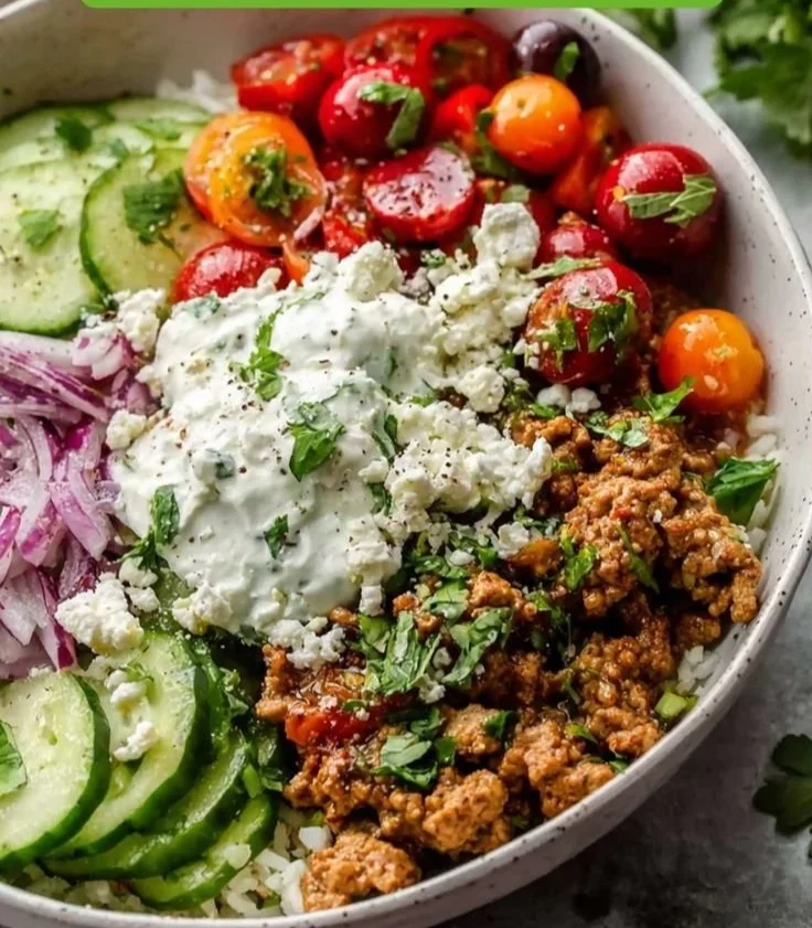 Mediterranean ground turkey bowls with fresh ingredients and vibrant colors