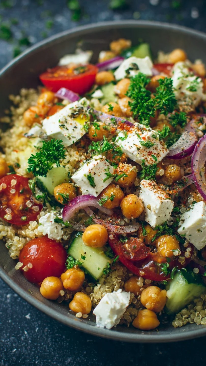 Mediterranean quinoa and chickpea meal prep bowl with colorful vegetables.