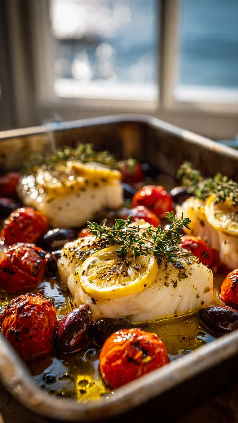 One-Pan Mediterranean Baked Cod with vibrant vegetables and seasonings
