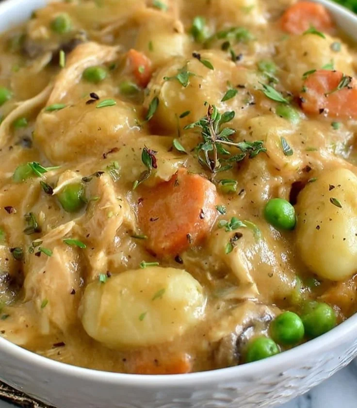 One Pot Gnocchi Chicken Pot Pie served in a rustic dish with herbs on top.