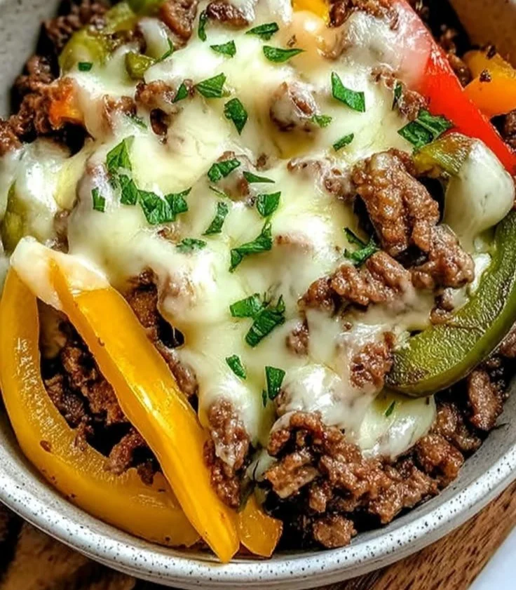 Philly cheesesteak bowls topped with sautéed peppers and melted cheese