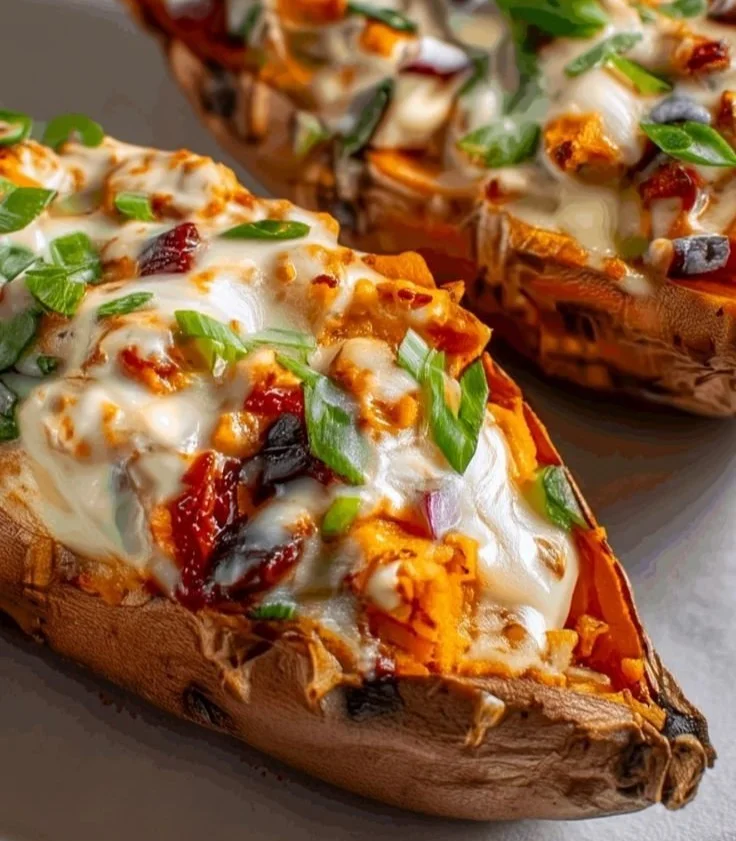 Protein-loaded sweet potato boats topped with fresh ingredients